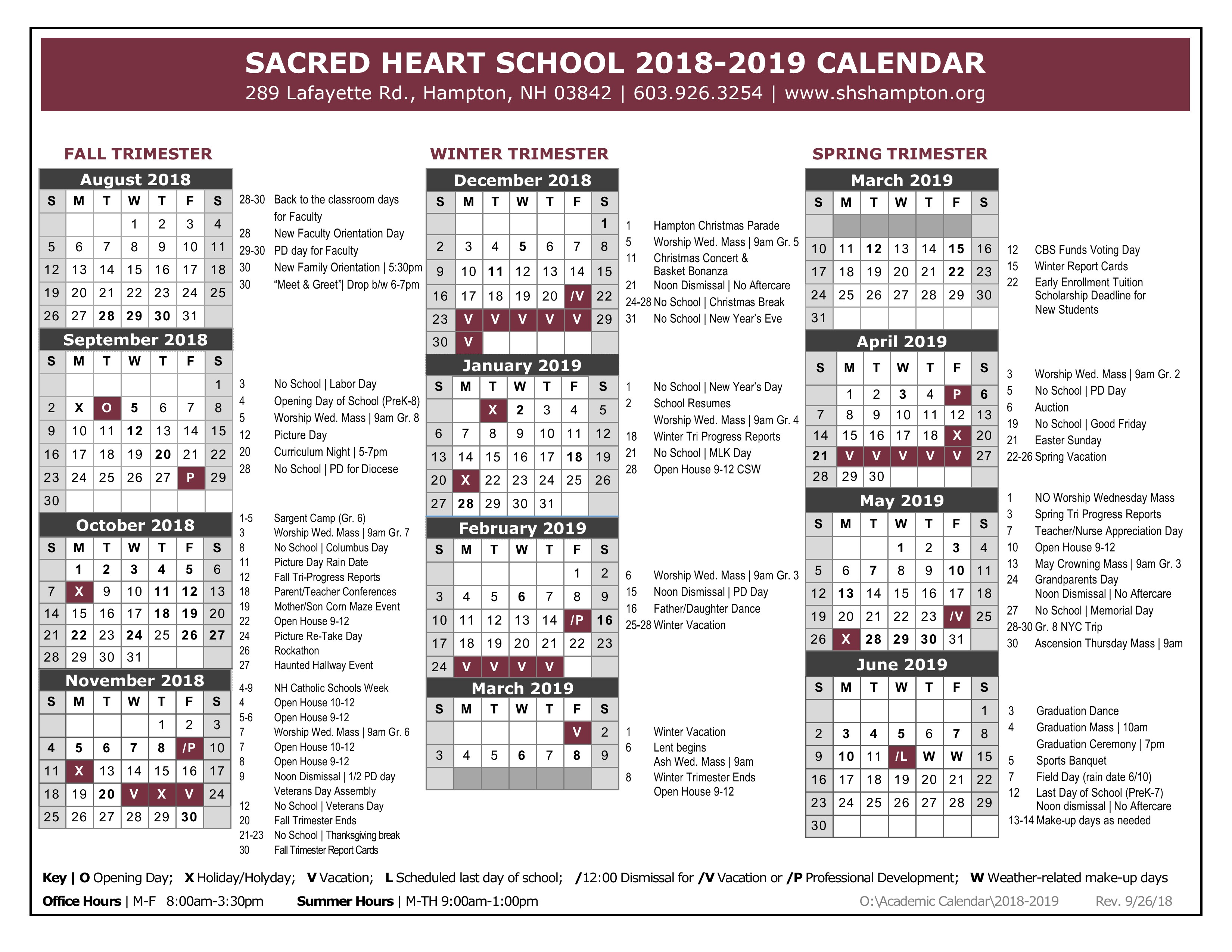 school calendar sacred heart